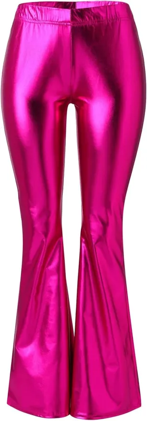 Women Flare Leggings Shiny Metallic Bell Bottom Bootcut Palazzo Pants High Waist Wide Leg Disco Dance Party Trousers