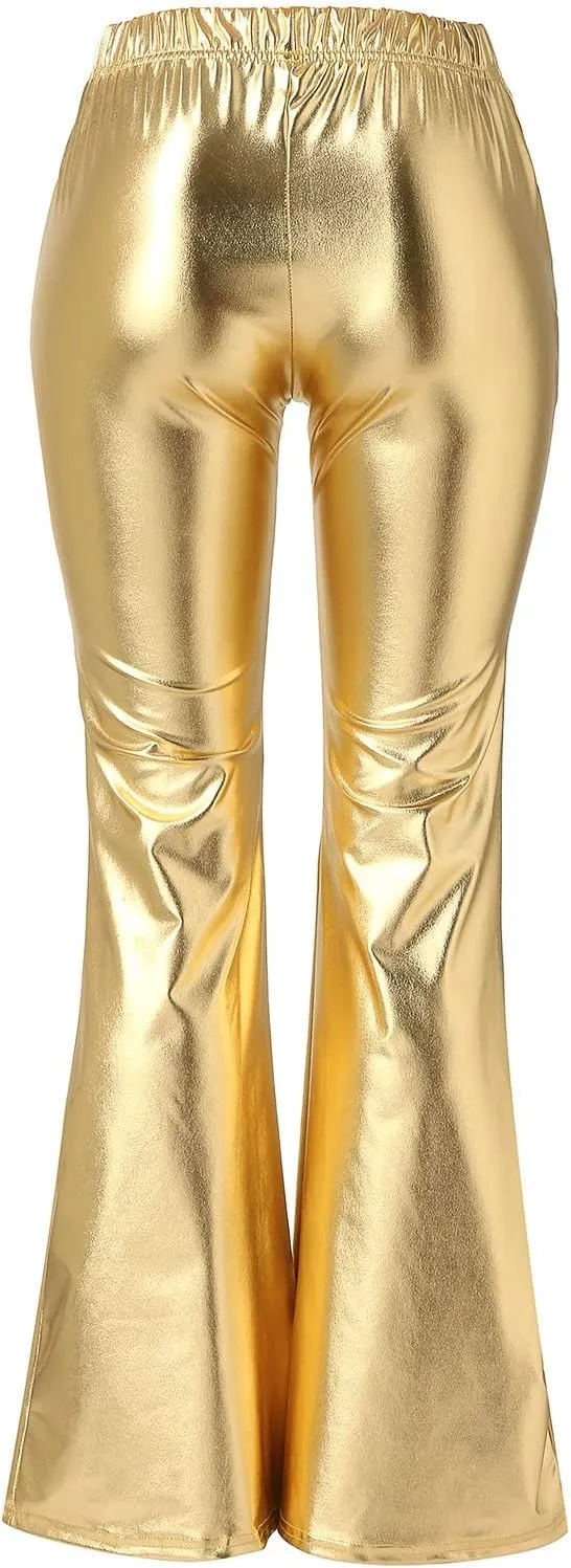 Women Flare Leggings Shiny Metallic Bell Bottom Bootcut Palazzo Pants High Waist Wide Leg Disco Dance Party Trousers