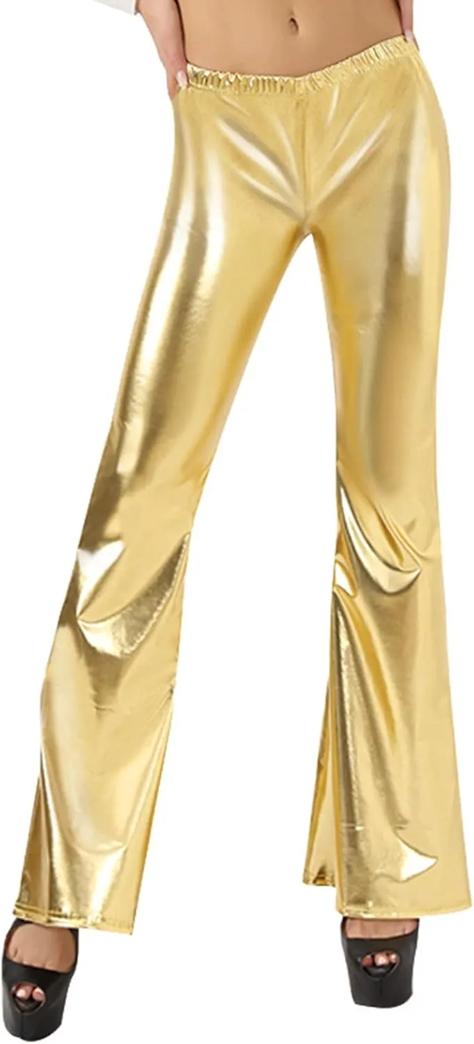 Women Flare Leggings Shiny Metallic Bell Bottom Bootcut Palazzo Pants High Waist Wide Leg Disco Dance Party Trousers