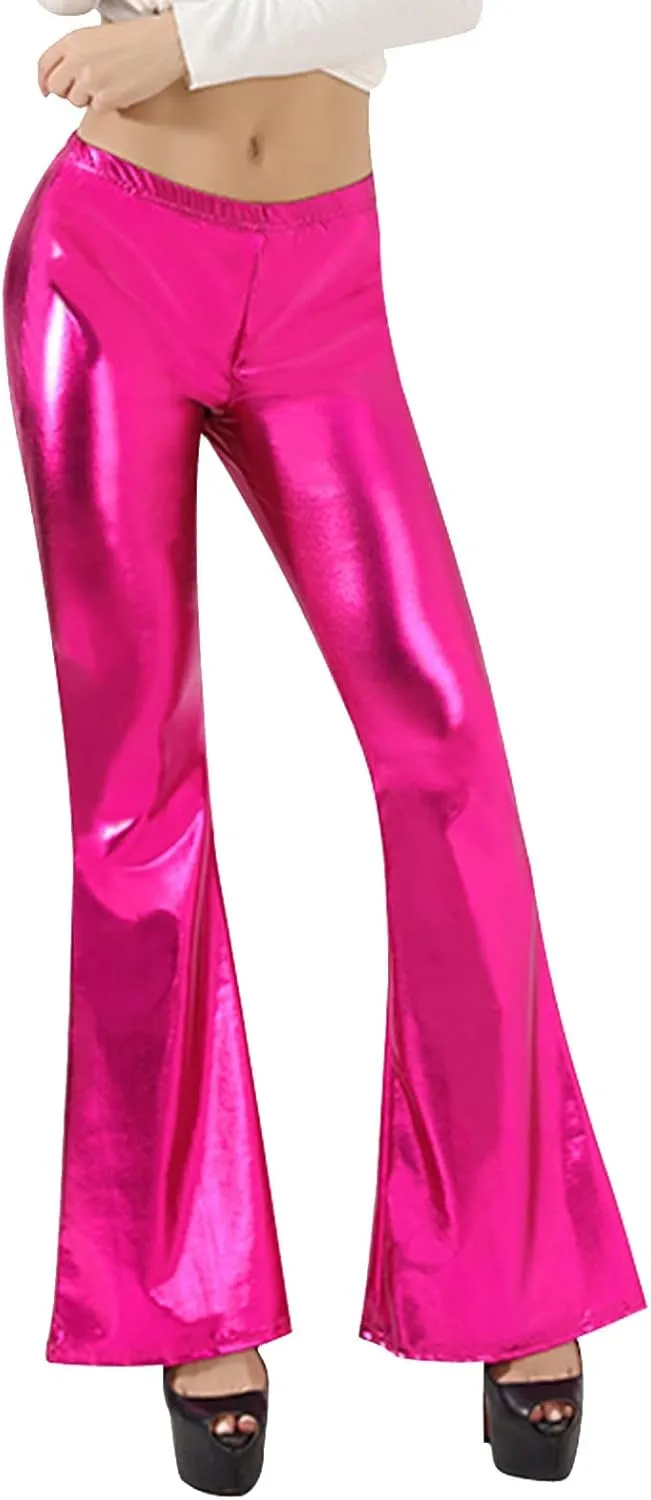 Women Flare Leggings Shiny Metallic Bell Bottom Bootcut Palazzo Pants High Waist Wide Leg Disco Dance Party Trousers