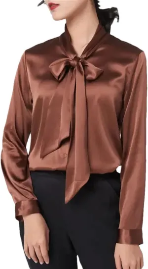 Women Satin Silk Shirt Long Sleeve V Neck Bow Tie Blouse Spring-Summer Business Casual Tops