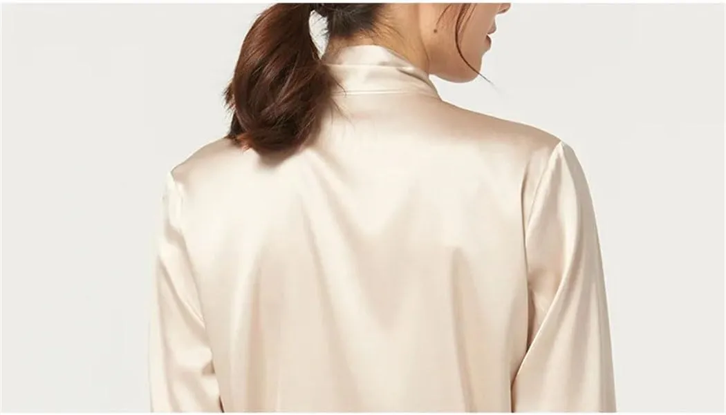 Women Satin Silk Shirt Long Sleeve V Neck Bow Tie Blouse Spring-Summer Business Casual Tops
