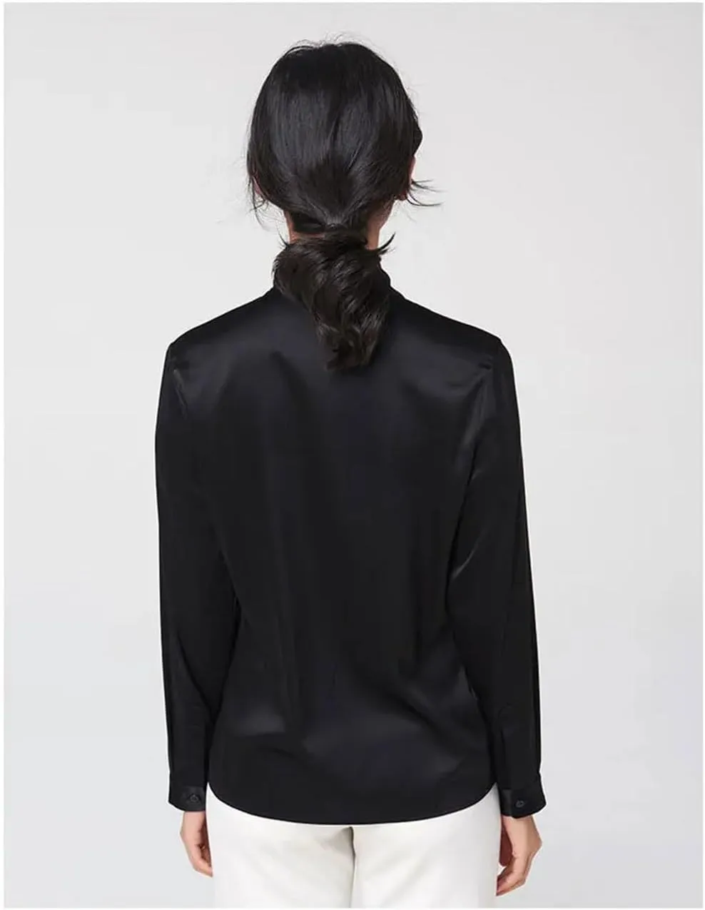 Women Satin Silk Shirt Long Sleeve V Neck Bow Tie Blouse Spring-Summer Business Casual Tops