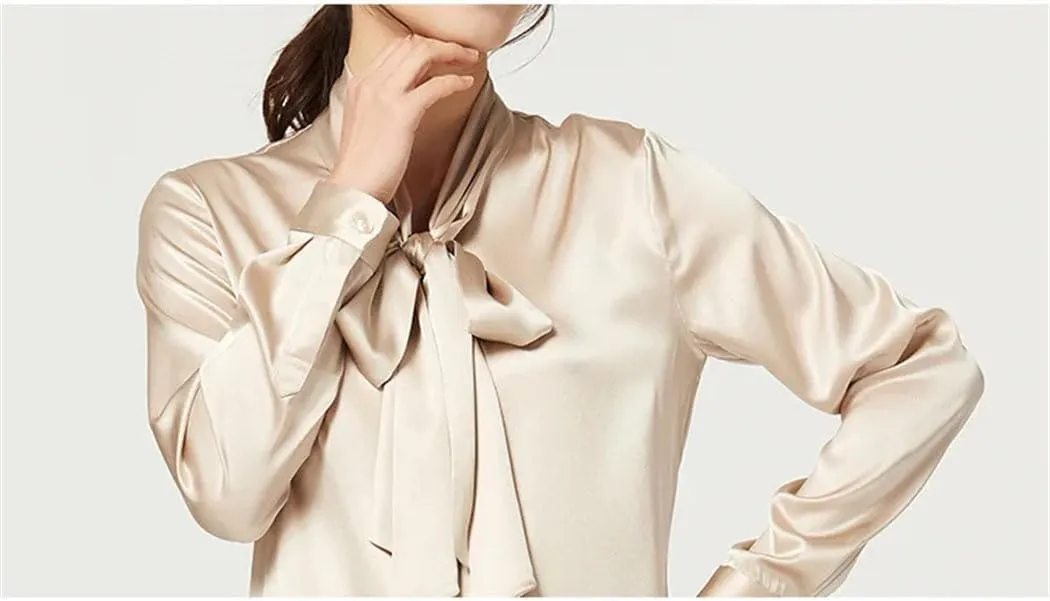 Women Satin Silk Shirt Long Sleeve V Neck Bow Tie Blouse Spring-Summer Business Casual Tops