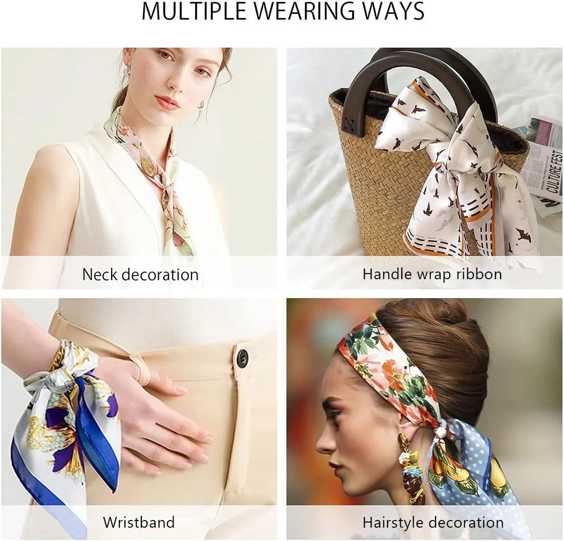 Women Skinny Silk Scarf Narrow Long Neckerchief Classic Retro Geometric Pattern Handbag Ribbon Headdress Hairband