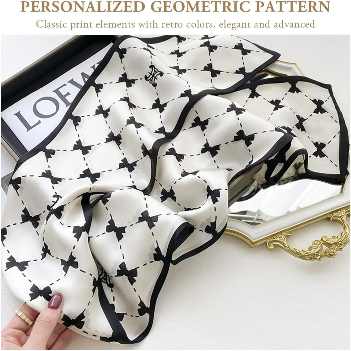 Women Skinny Silk Scarf Narrow Long Neckerchief Classic Retro Geometric Pattern Handbag Ribbon Headdress Hairband