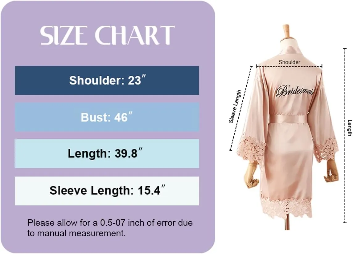 Women's Bride Bridesmaid Silky Robes with Lace Trim Bridal Embroidery Bathrobe for Wedding Party Sleepwear