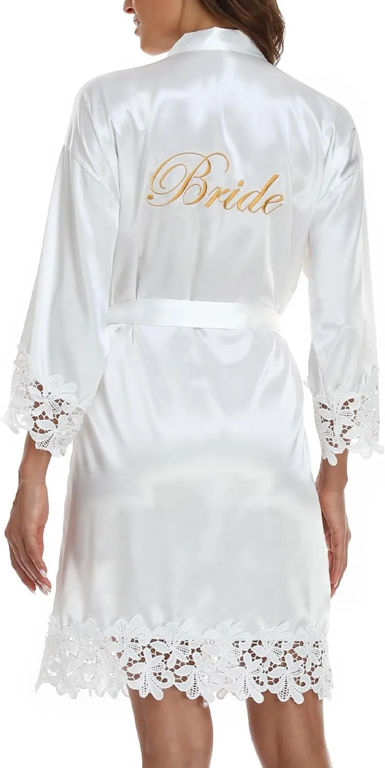 Women's Bride Bridesmaid Silky Robes with Lace Trim Bridal Embroidery Bathrobe for Wedding Party Sleepwear