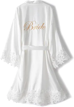 Women's Bride Bridesmaid Silky Robes with Lace Trim Bridal Embroidery Bathrobe for Wedding Party Sleepwear