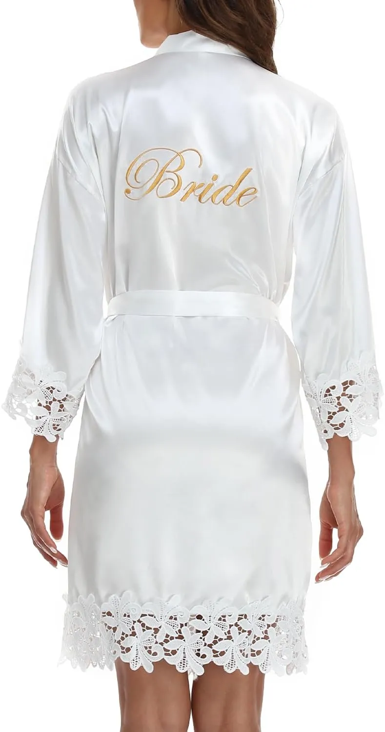 Women's Bride Bridesmaid Silky Robes with Lace Trim Bridal Embroidery Bathrobe for Wedding Party Sleepwear