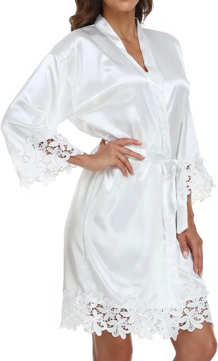 Women's Bride Bridesmaid Silky Robes with Lace Trim Bridal Embroidery Bathrobe for Wedding Party Sleepwear