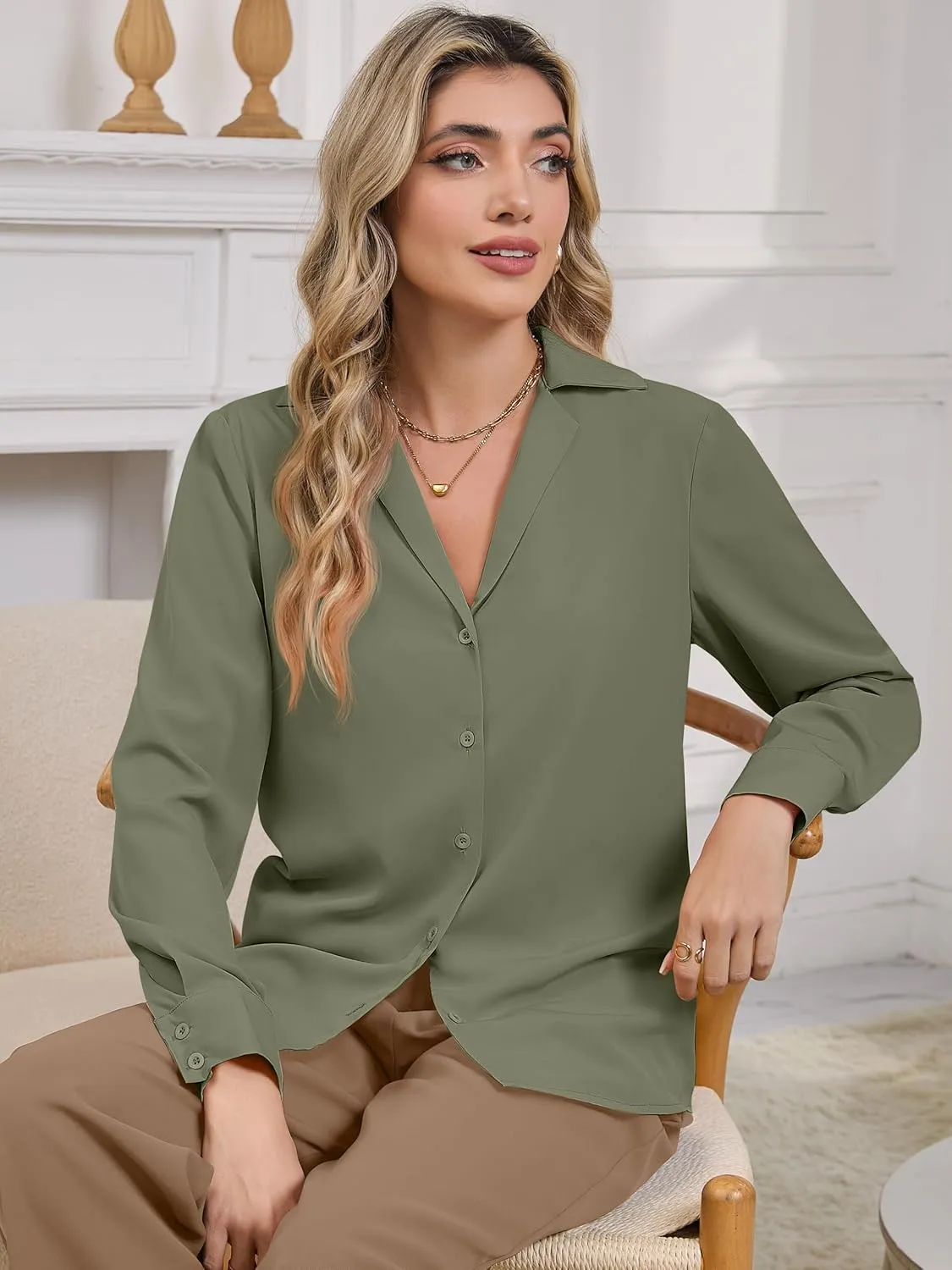 Women's Business Casual Tops Elegant Satin Silk Long Sleeve Button Down Shirts Lapel Collar V Neck Chiffon Work Blouses