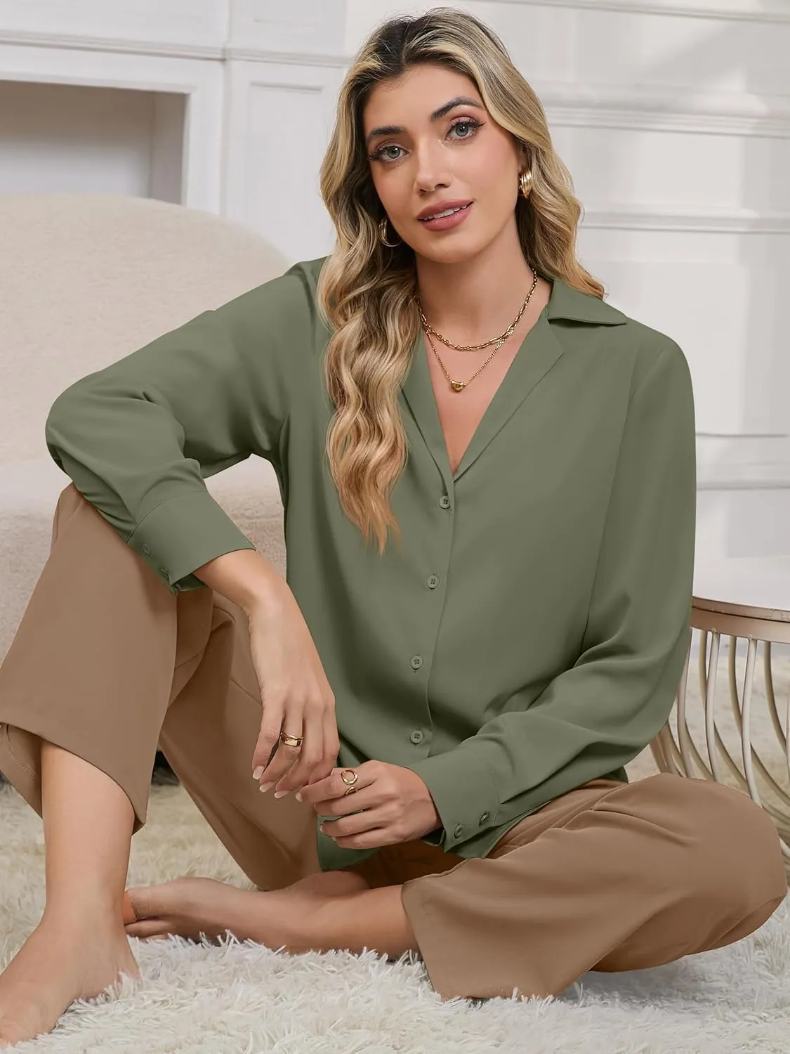 Women's Business Casual Tops Elegant Satin Silk Long Sleeve Button Down Shirts Lapel Collar V Neck Chiffon Work Blouses