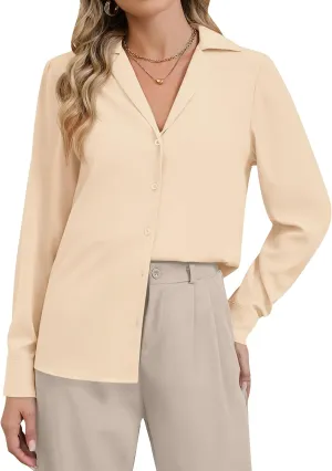 Women's Business Casual Tops Elegant Satin Silk Long Sleeve Button Down Shirts Lapel Collar V Neck Chiffon Work Blouses