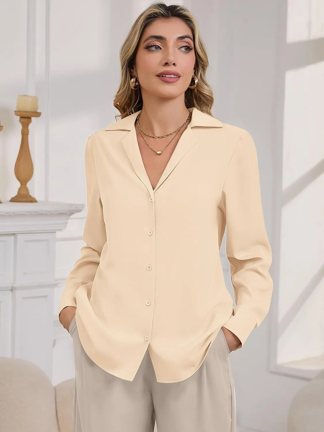 Women's Business Casual Tops Elegant Satin Silk Long Sleeve Button Down Shirts Lapel Collar V Neck Chiffon Work Blouses