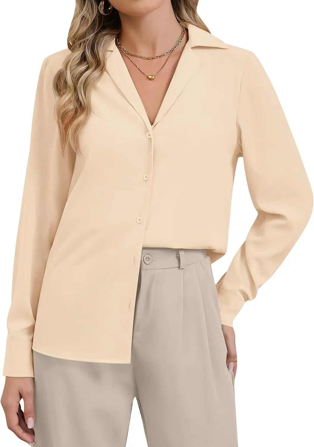 Women's Business Casual Tops Elegant Satin Silk Long Sleeve Button Down Shirts Lapel Collar V Neck Chiffon Work Blouses