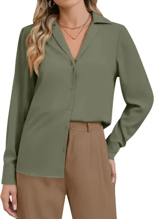 Women's Business Casual Tops Elegant Satin Silk Long Sleeve Button Down Shirts Lapel Collar V Neck Chiffon Work Blouses