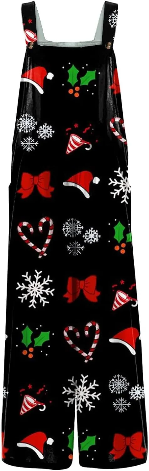 Women's Casual Jumpsuit Sleeveless Christmas Plaid Snowflake 3D Printed Cotton Jumpsuit Jumpsuits for Women
