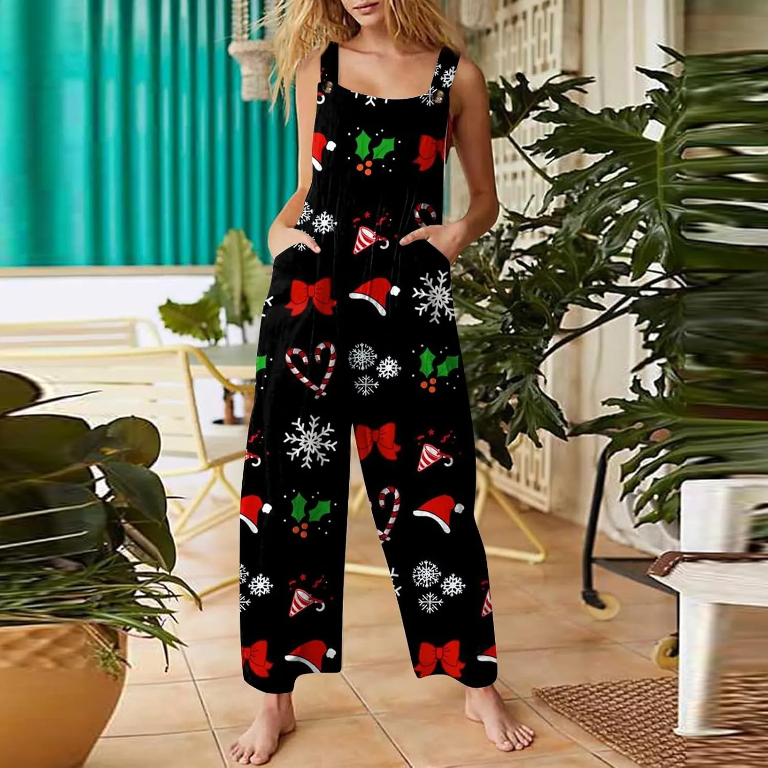 Women's Casual Jumpsuit Sleeveless Christmas Plaid Snowflake 3D Printed Cotton Jumpsuit Jumpsuits for Women