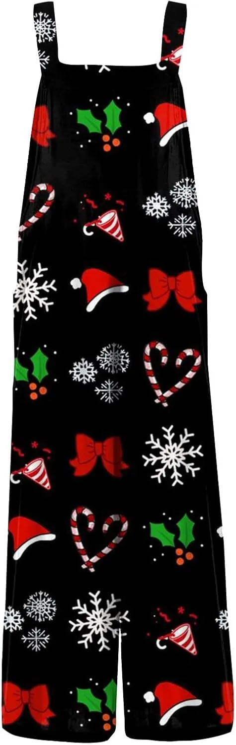Women's Casual Jumpsuit Sleeveless Christmas Plaid Snowflake 3D Printed Cotton Jumpsuit Jumpsuits for Women