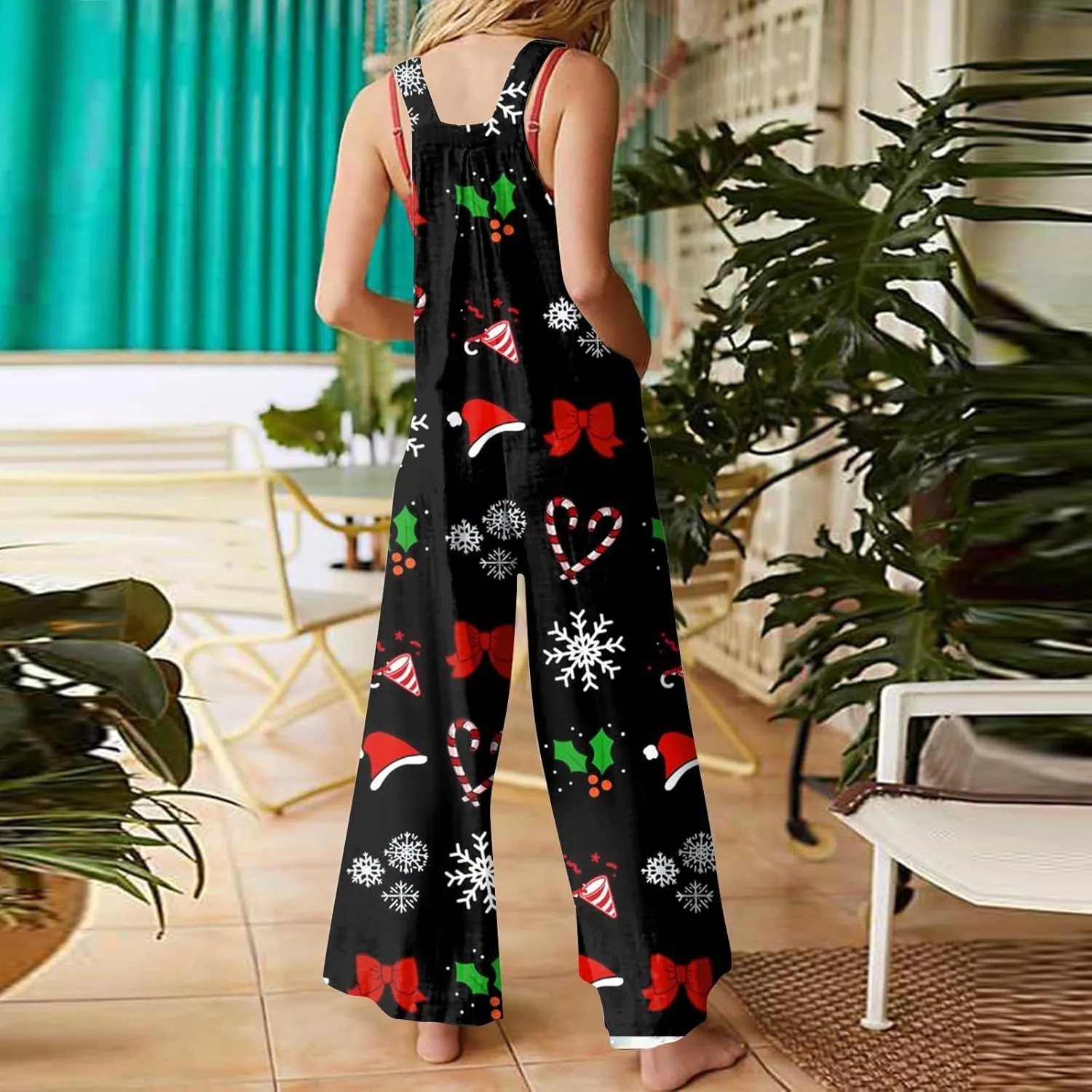 Women's Casual Jumpsuit Sleeveless Christmas Plaid Snowflake 3D Printed Cotton Jumpsuit Jumpsuits for Women