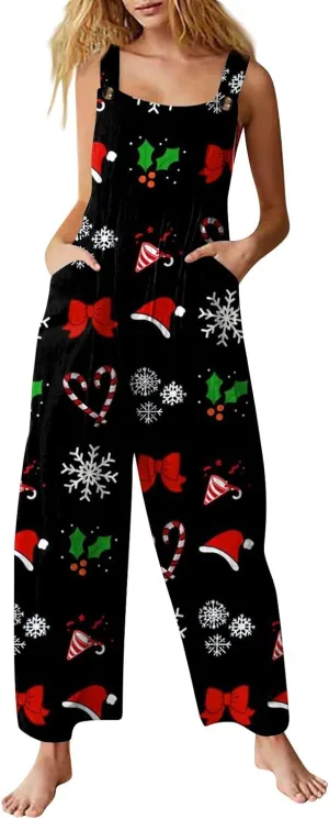 Women's Casual Jumpsuit Sleeveless Christmas Plaid Snowflake 3D Printed Cotton Jumpsuit Jumpsuits for Women
