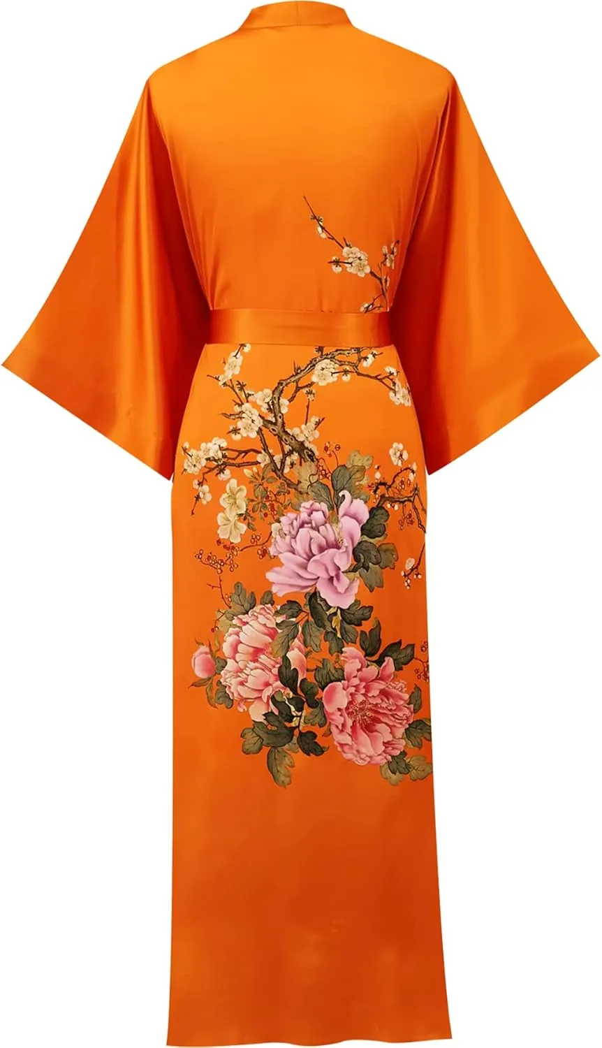 Women's Classic 100% Silk Kimono Robe, Bathrobe—Printed Pattern