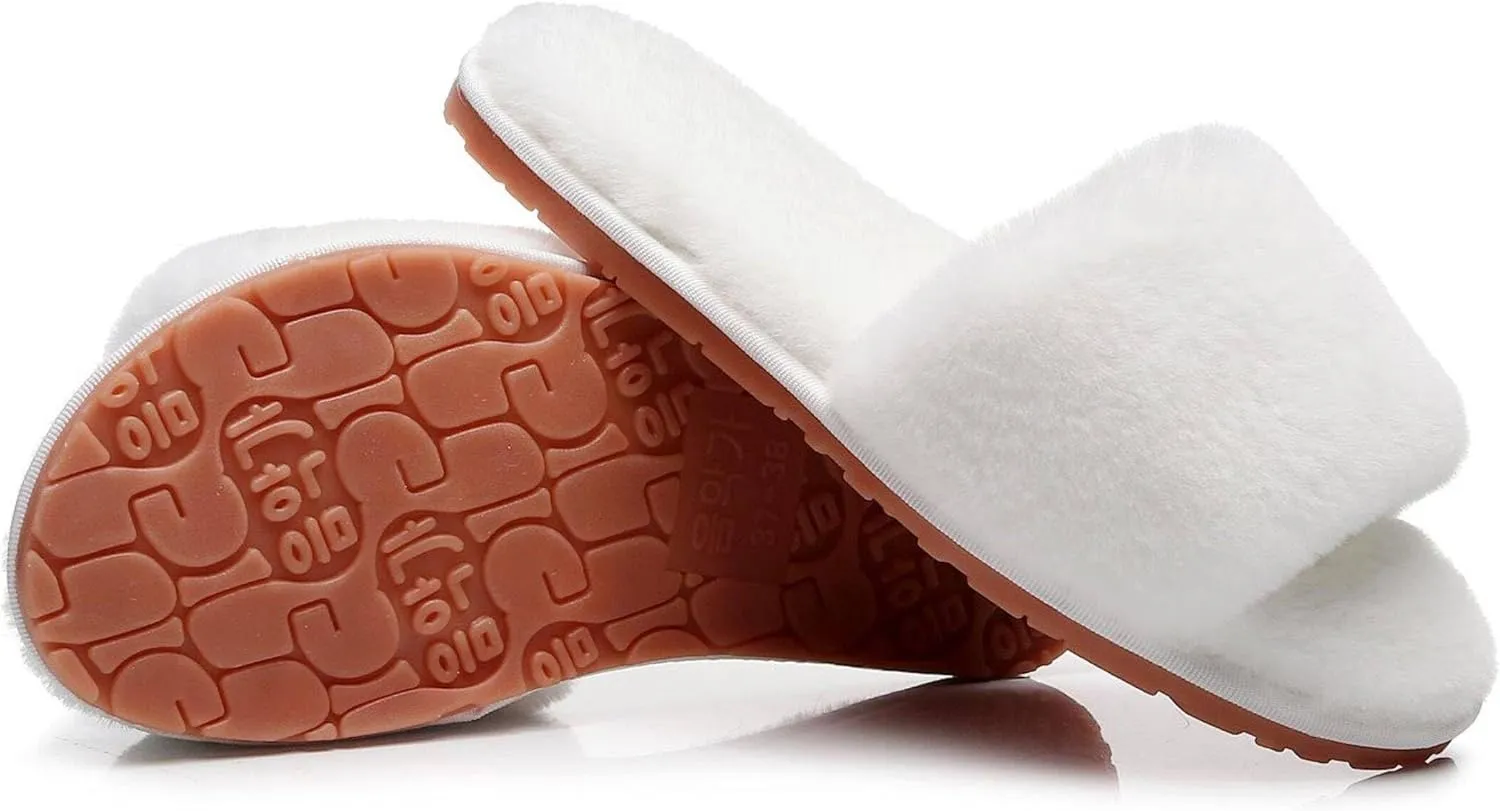Women's Fuzzy Fluffy Furry Fur Slippers Flip Flop Open Toe Cozy House Memory Foam Sandals Slides Soft Flat Comfy Anti-Slip Spa Indoor Outdoor Slip on