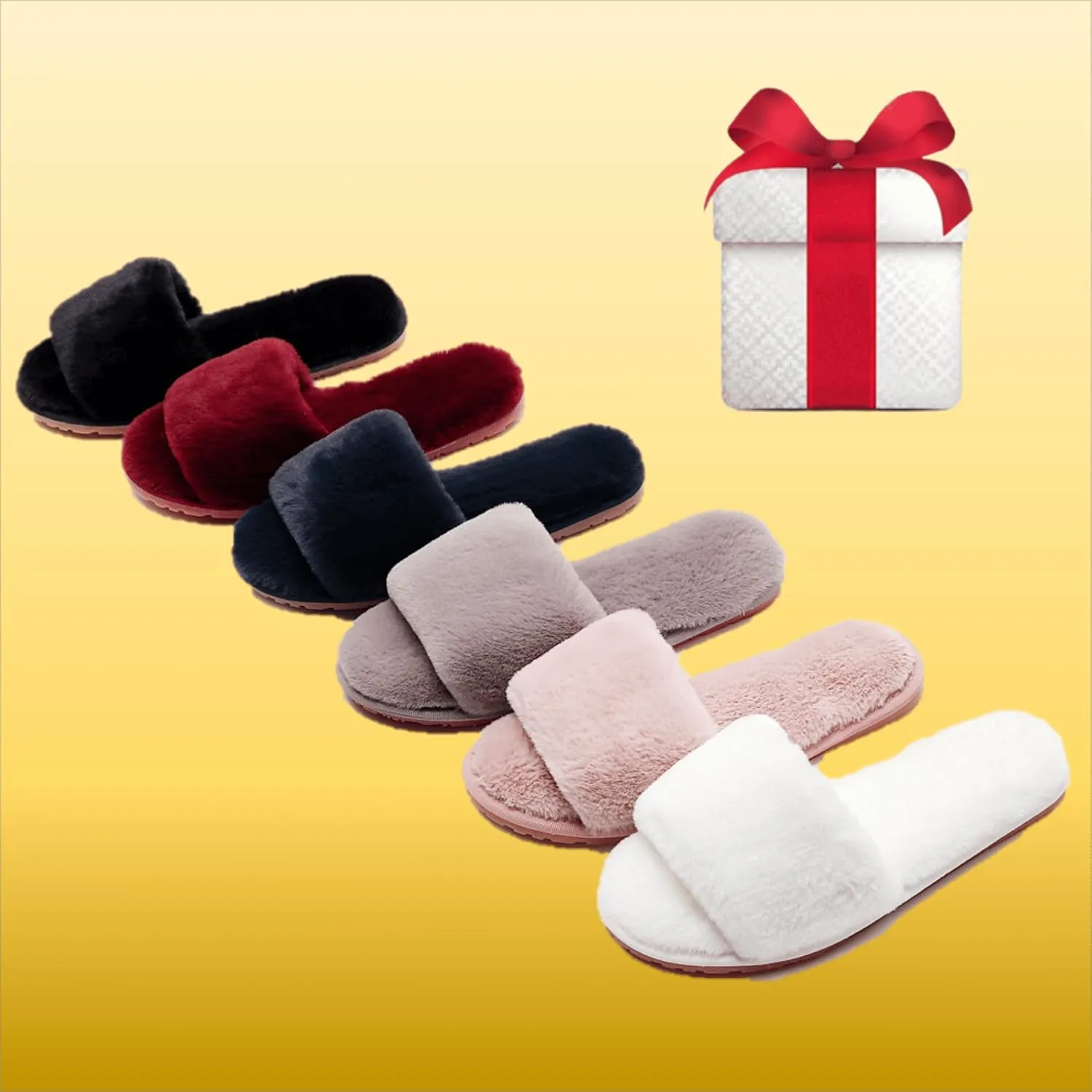 Women's Fuzzy Fluffy Furry Fur Slippers Flip Flop Open Toe Cozy House Memory Foam Sandals Slides Soft Flat Comfy Anti-Slip Spa Indoor Outdoor Slip on