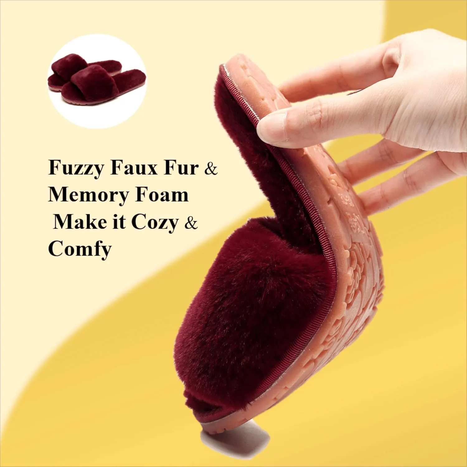 Women's Fuzzy Fluffy Furry Fur Slippers Flip Flop Open Toe Cozy House Memory Foam Sandals Slides Soft Flat Comfy Anti-Slip Spa Indoor Outdoor Slip on