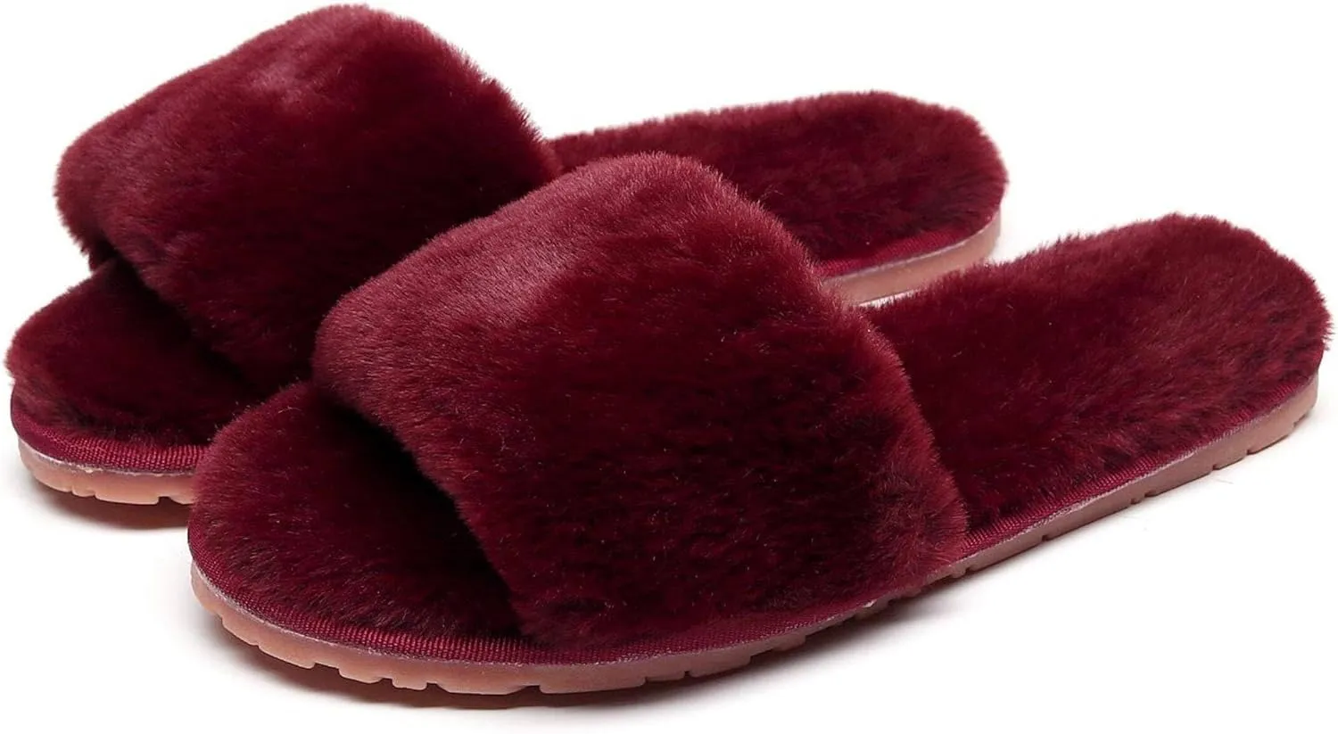 Women's Fuzzy Fluffy Furry Fur Slippers Flip Flop Open Toe Cozy House Memory Foam Sandals Slides Soft Flat Comfy Anti-Slip Spa Indoor Outdoor Slip on