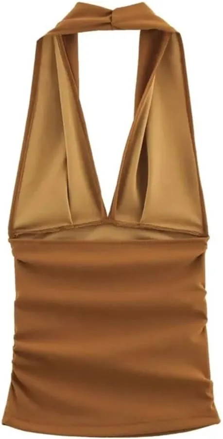 Women’S Gathered Halterneck Elastic Camisole Spring-Ready Backless Tops with Sculpted Folds Sexy Vest