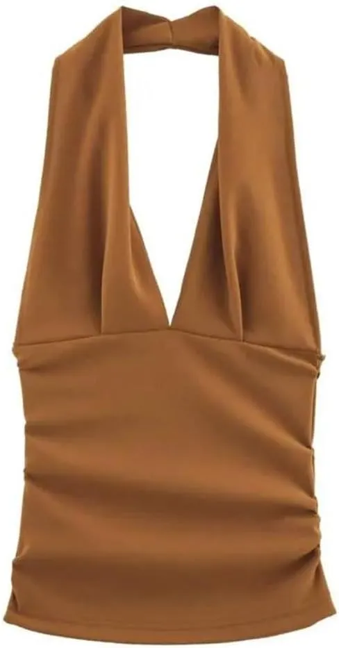 Women’S Gathered Halterneck Elastic Camisole Spring-Ready Backless Tops with Sculpted Folds Sexy Vest