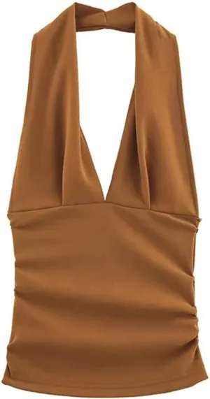 Women’S Gathered Halterneck Elastic Camisole Spring-Ready Backless Tops with Sculpted Folds Sexy Vest