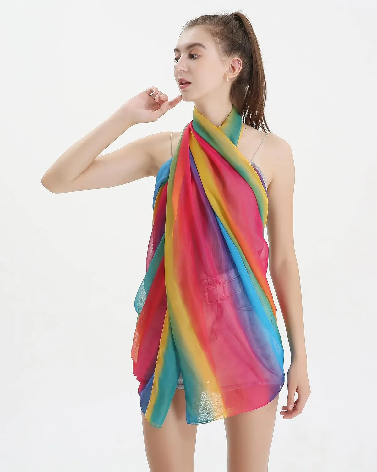 Women's Gradient Rainbow Color Scarf - Large Size Imitation Silk Travel Beach Towel Chiffon