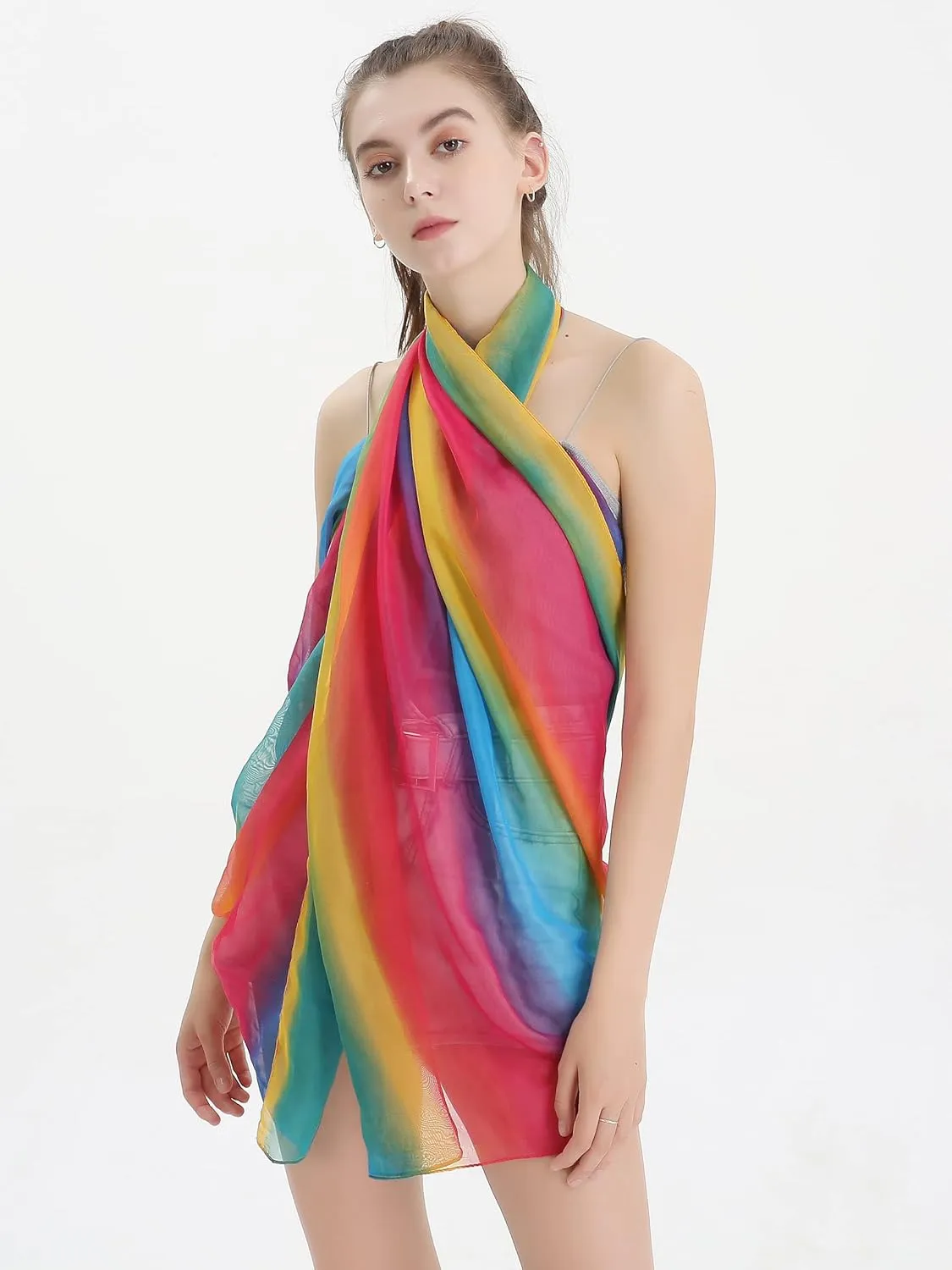 Women's Gradient Rainbow Color Scarf - Large Size Imitation Silk Travel Beach Towel Chiffon
