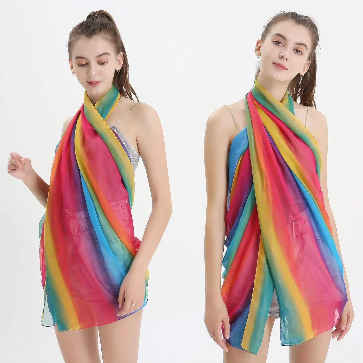 Women's Gradient Rainbow Color Scarf - Large Size Imitation Silk Travel Beach Towel Chiffon
