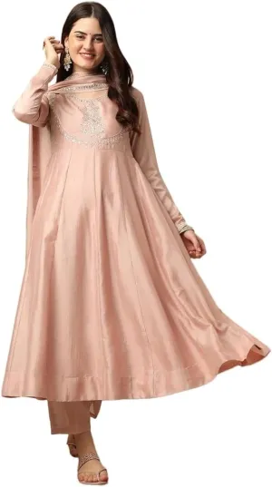 Womens Kurta Set Silk Blend Party Wear Embroidered A-Line Kurta Pant with Dupatta