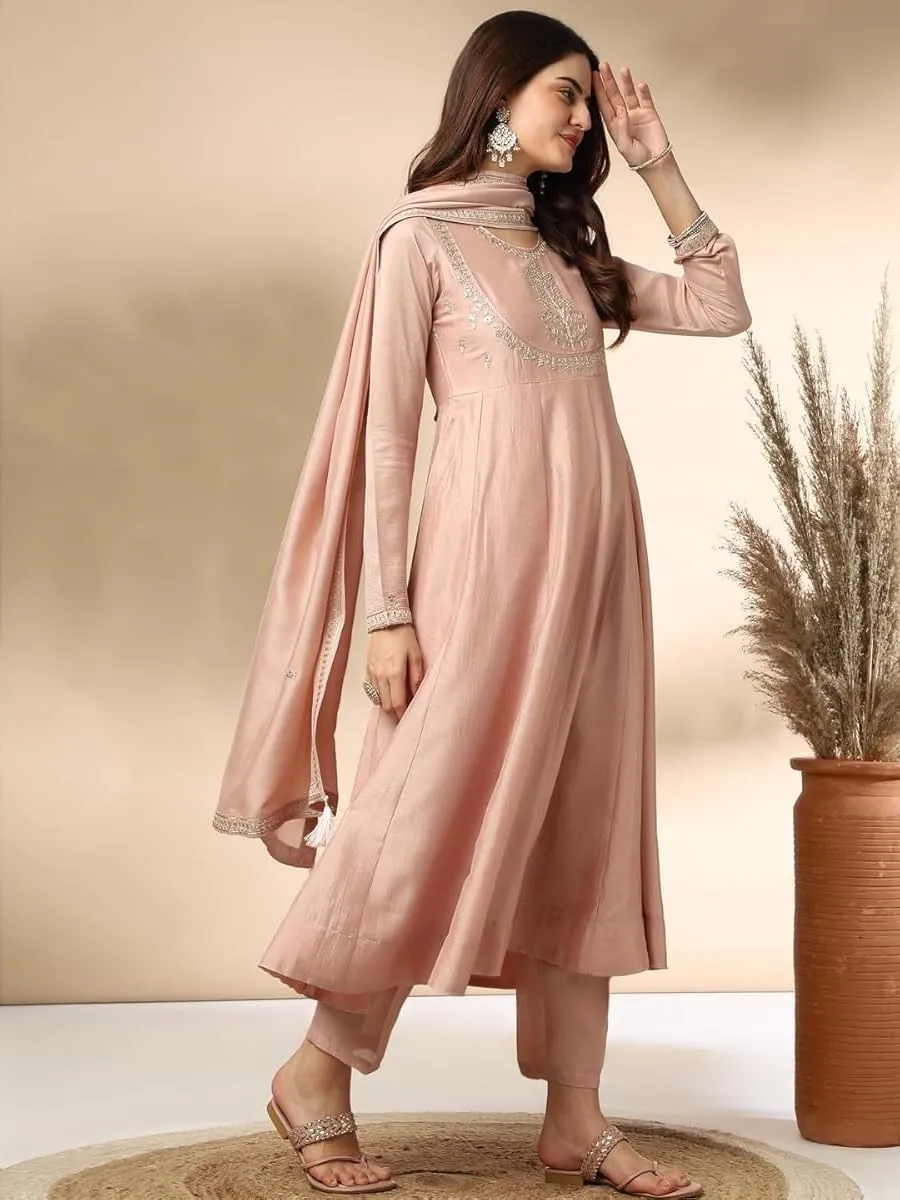 Womens Kurta Set Silk Blend Party Wear Embroidered A-Line Kurta Pant with Dupatta