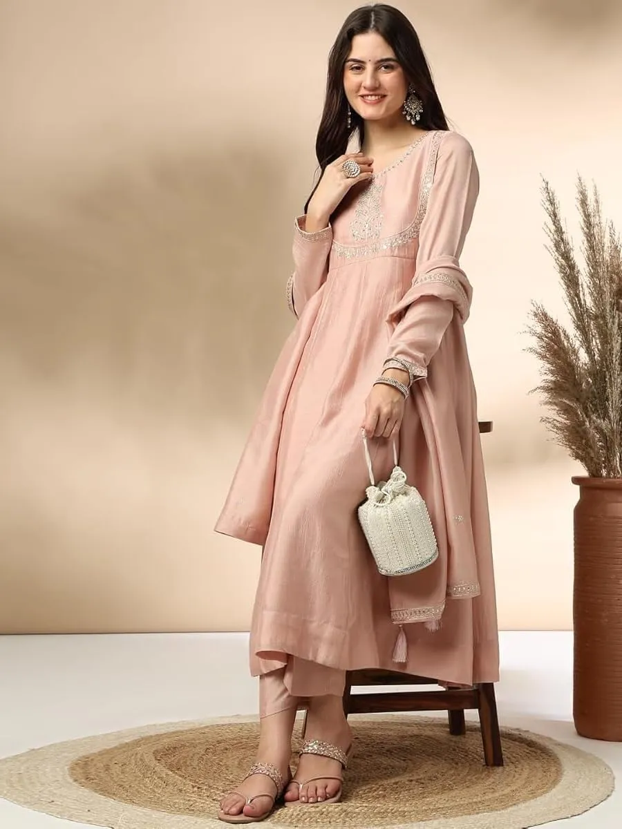 Womens Kurta Set Silk Blend Party Wear Embroidered A-Line Kurta Pant with Dupatta