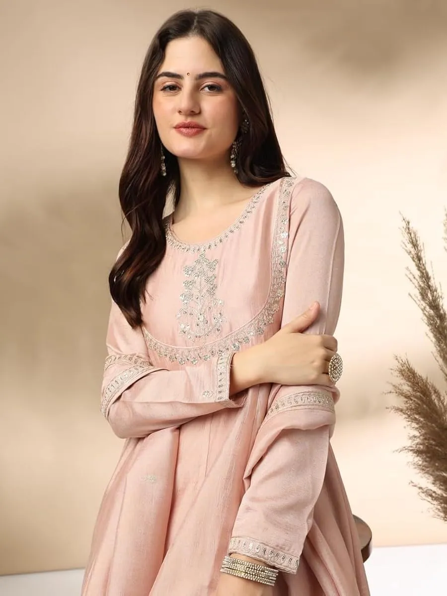 Womens Kurta Set Silk Blend Party Wear Embroidered A-Line Kurta Pant with Dupatta