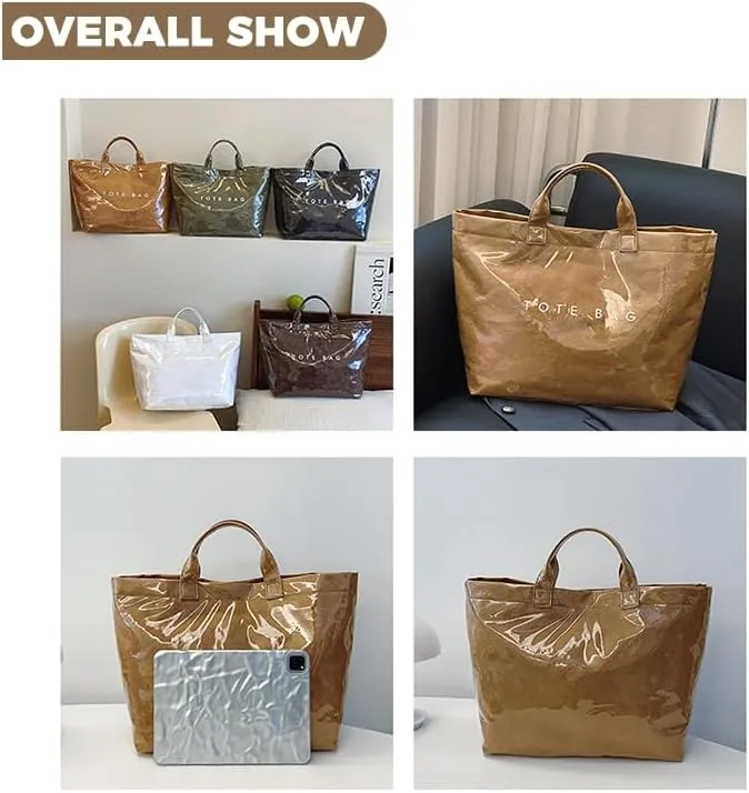 Women's Large PVC Tote Bag Letters Print Plastic Handbags Kraft Paper Clear Shopping Work Shoulder Hobo Bag