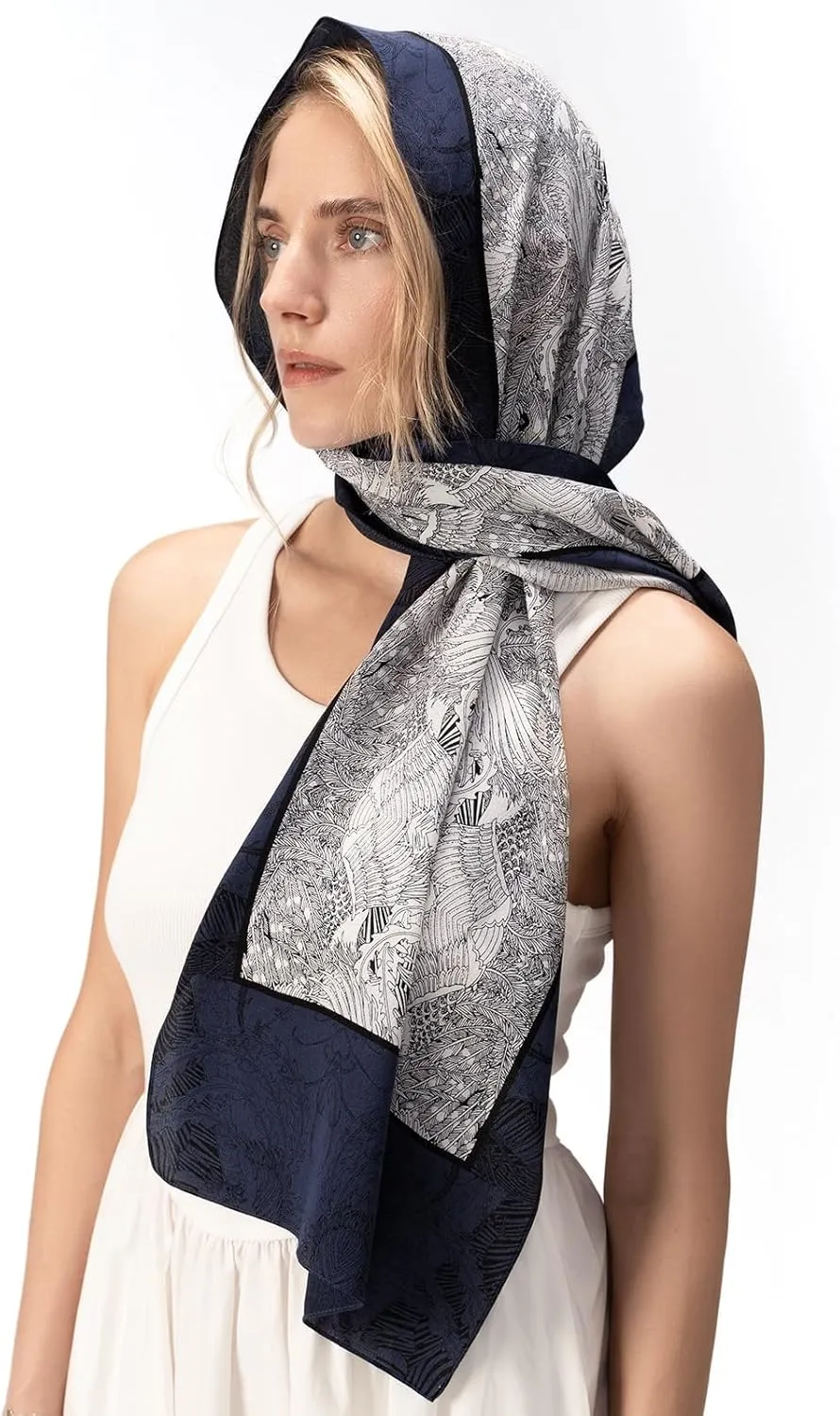 Womens Long Silk Scarf Mulberry Floral Silk Scarf for Hair
