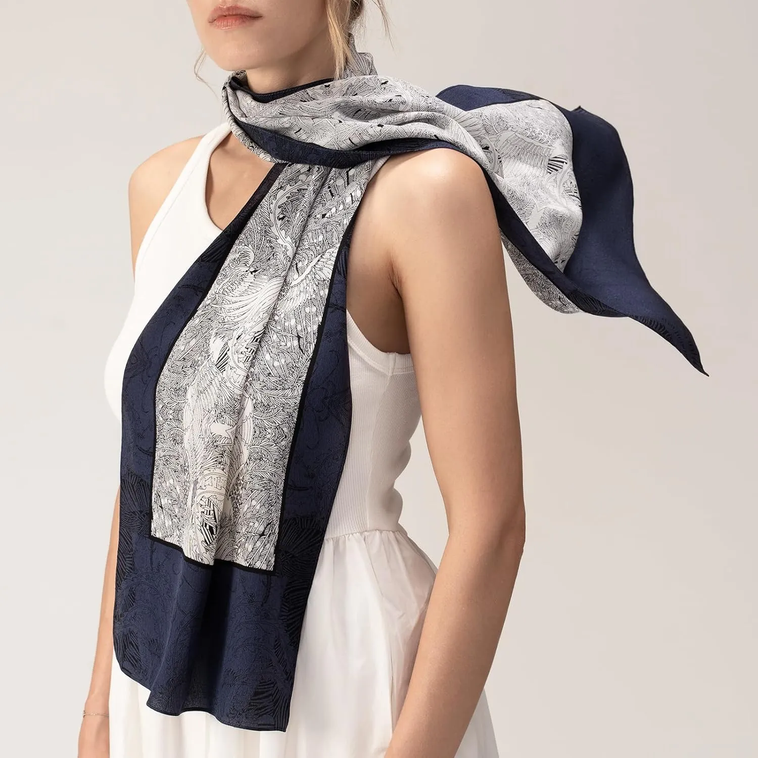 Womens Long Silk Scarf Mulberry Floral Silk Scarf for Hair
