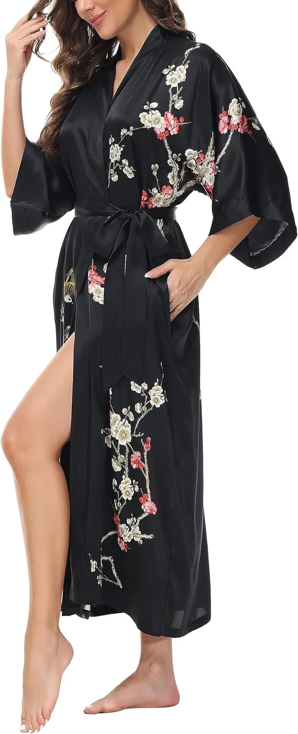 Women's Mulberry Silk Sleepwear 100% Silk Charmeuse Floral Printed Long Kimono Robe