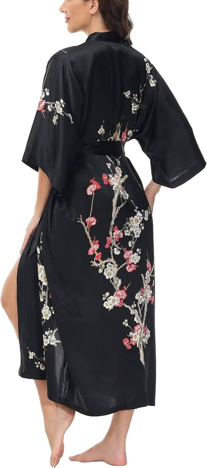 Women's Mulberry Silk Sleepwear 100% Silk Charmeuse Floral Printed Long Kimono Robe