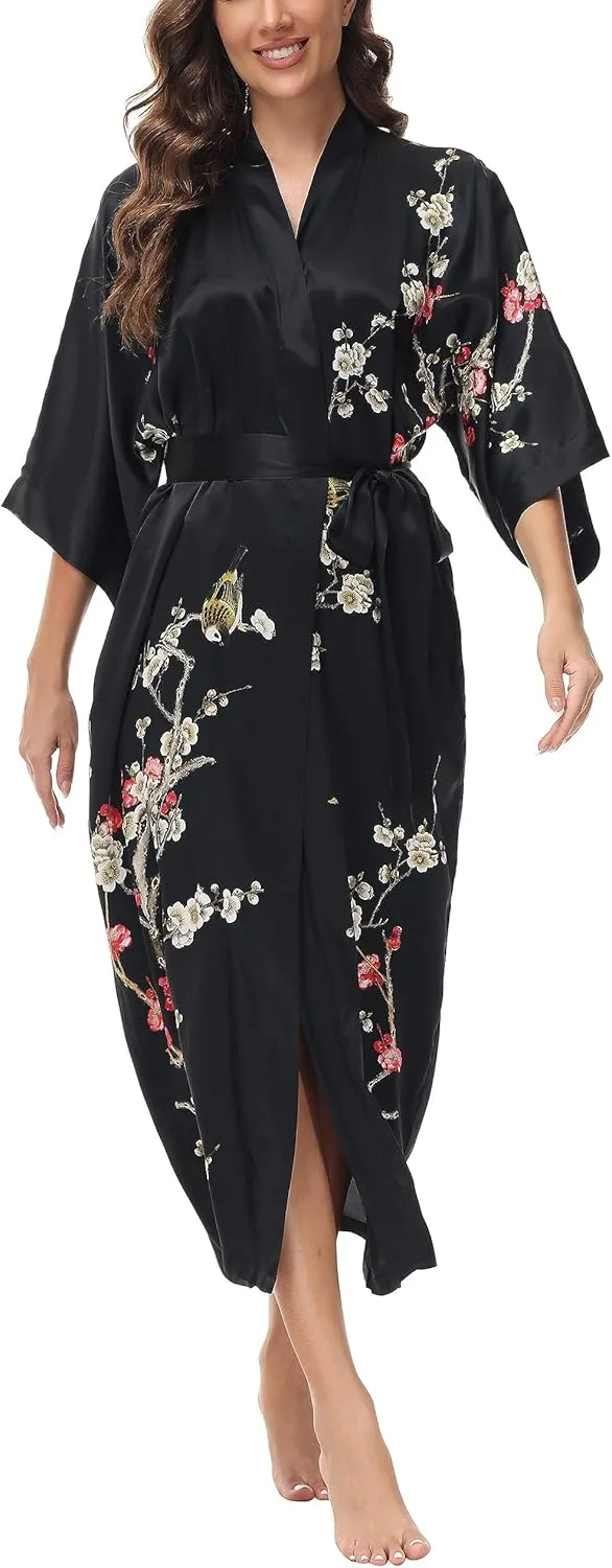 Women's Mulberry Silk Sleepwear 100% Silk Charmeuse Floral Printed Long Kimono Robe