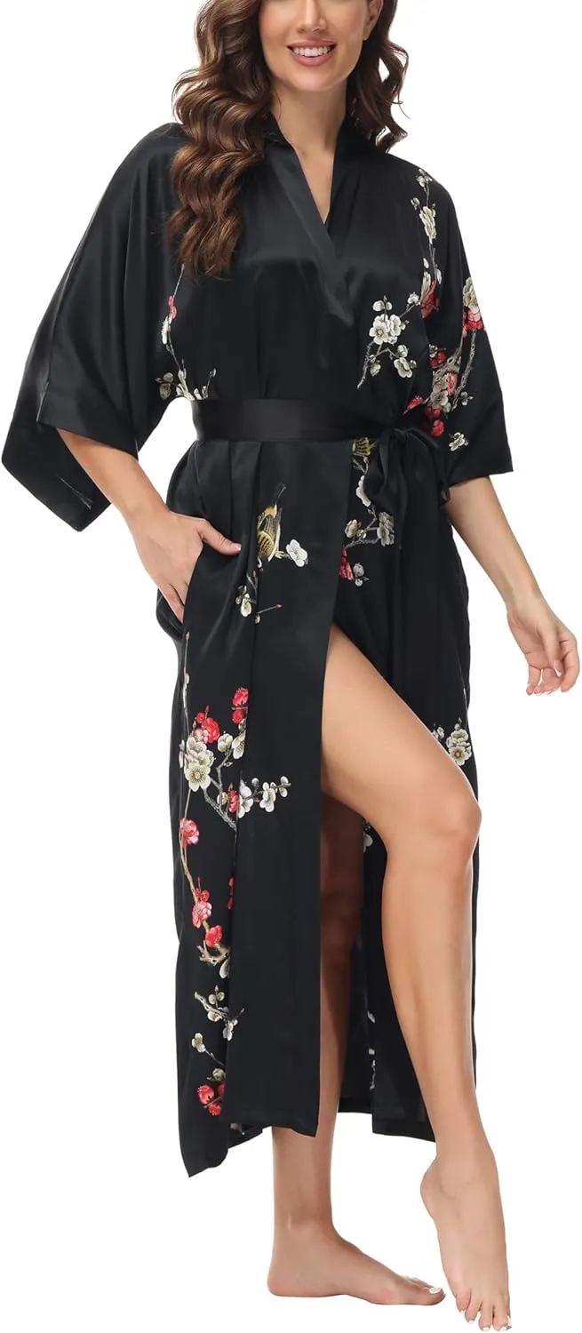 Women's Mulberry Silk Sleepwear 100% Silk Charmeuse Floral Printed Long Kimono Robe