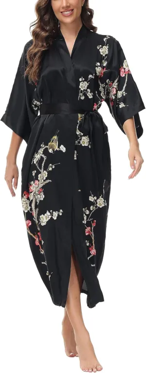 Women's Mulberry Silk Sleepwear 100% Silk Charmeuse Floral Printed Long Kimono Robe