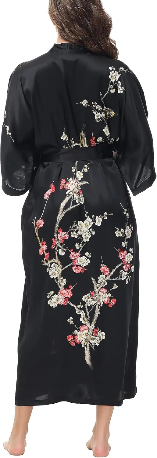 Women's Mulberry Silk Sleepwear 100% Silk Charmeuse Floral Printed Long Kimono Robe
